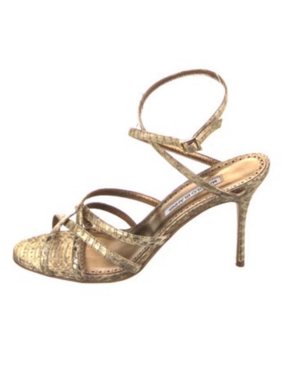 Manolo Blahnik Gold Python Leather Strappy High Heel Sandals 40 1/2